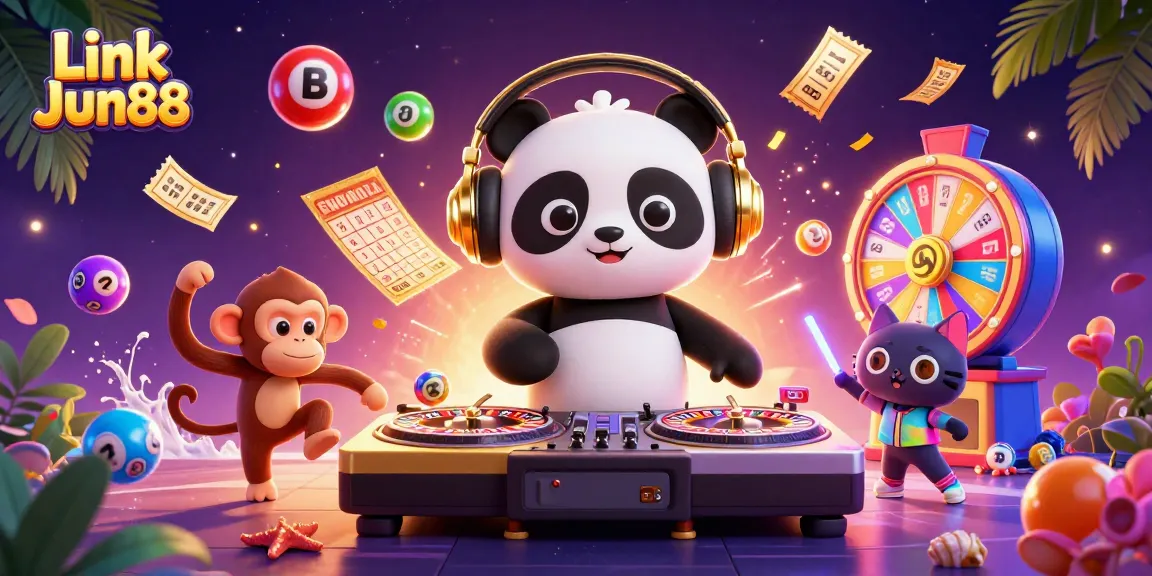 Engage with exciting gaming at Link Jun88 with a vibrant scene of a DJ panda and animated characters!