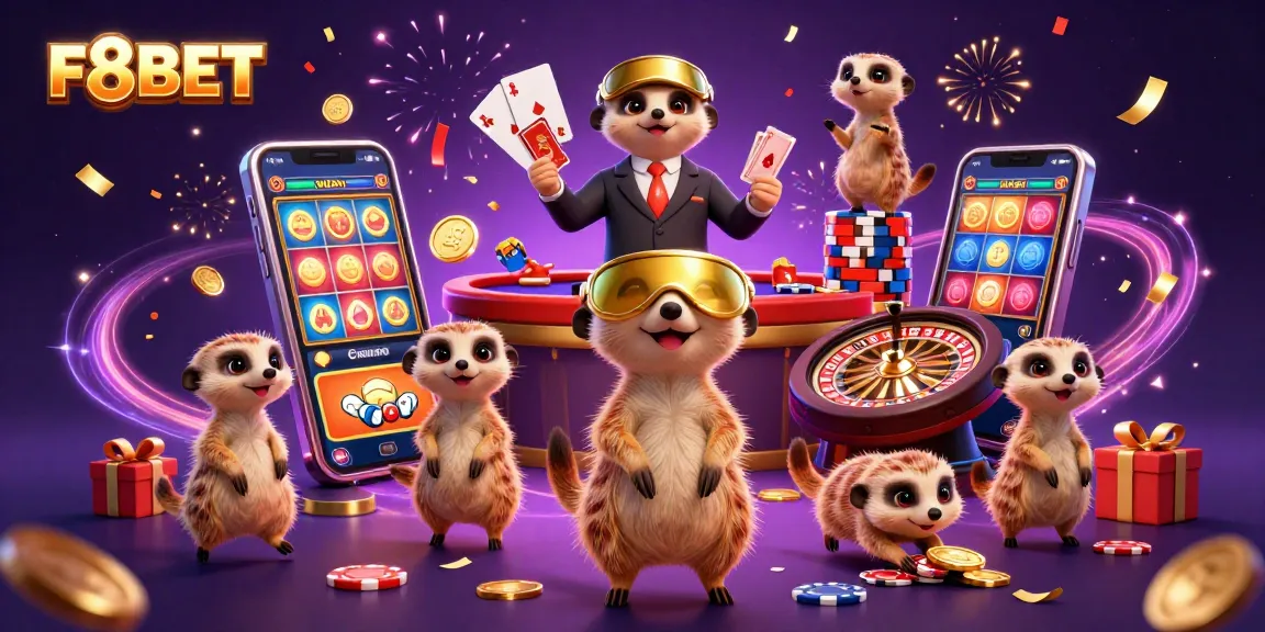 F8BET meerkats joyfully managing a casino scene with vibrant games and excitement