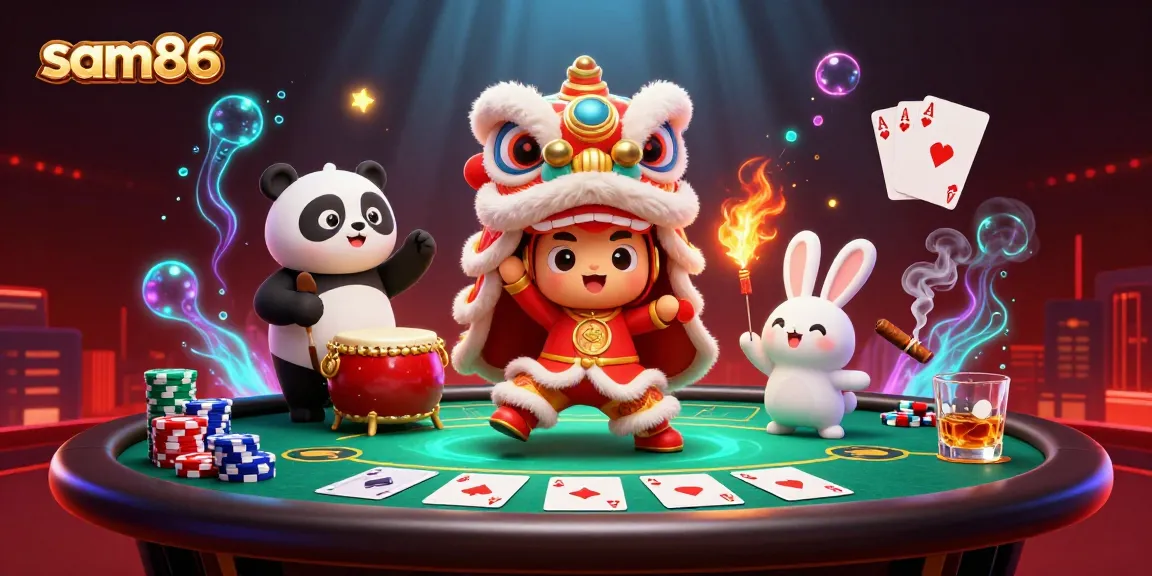 Experience thrilling gaming at sam86 with a vibrant illustration of a lion dance amid poker excitement.