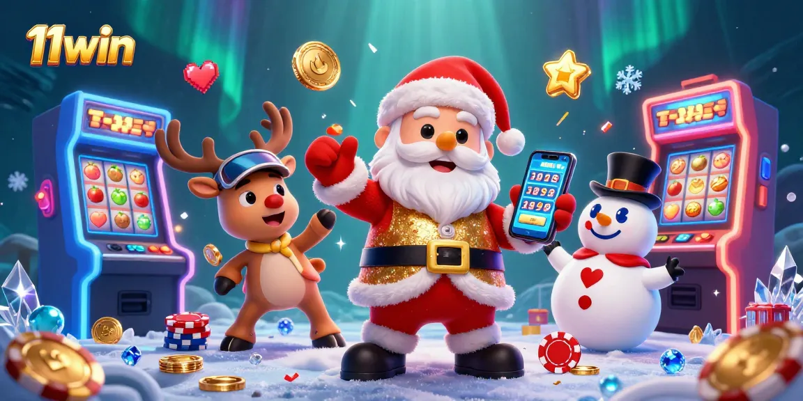 Engage with 11win's vibrant casino experience featuring Santa and friends in an imaginative 3D illustration.