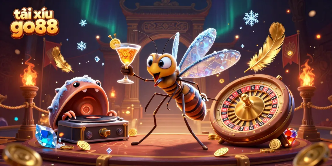 Tài xỉu go88 showcases vibrant 3D casino characters amidst swirling golden elements for an engaging gaming experience.