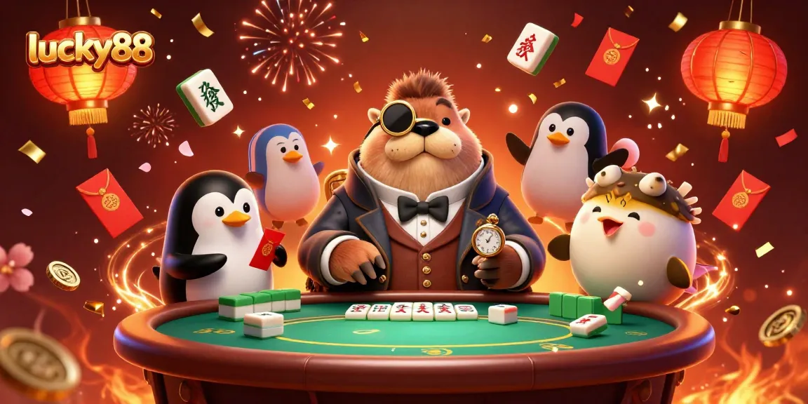 Experience luck and excitement with lucky88 at the poker table with unique characters and vibrant casino elements.