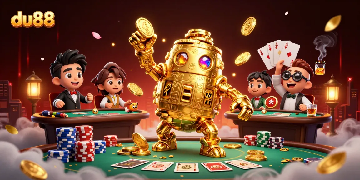 Engage with du88 as golden golem spins surrounded by poker elements in a rich 3D scene.