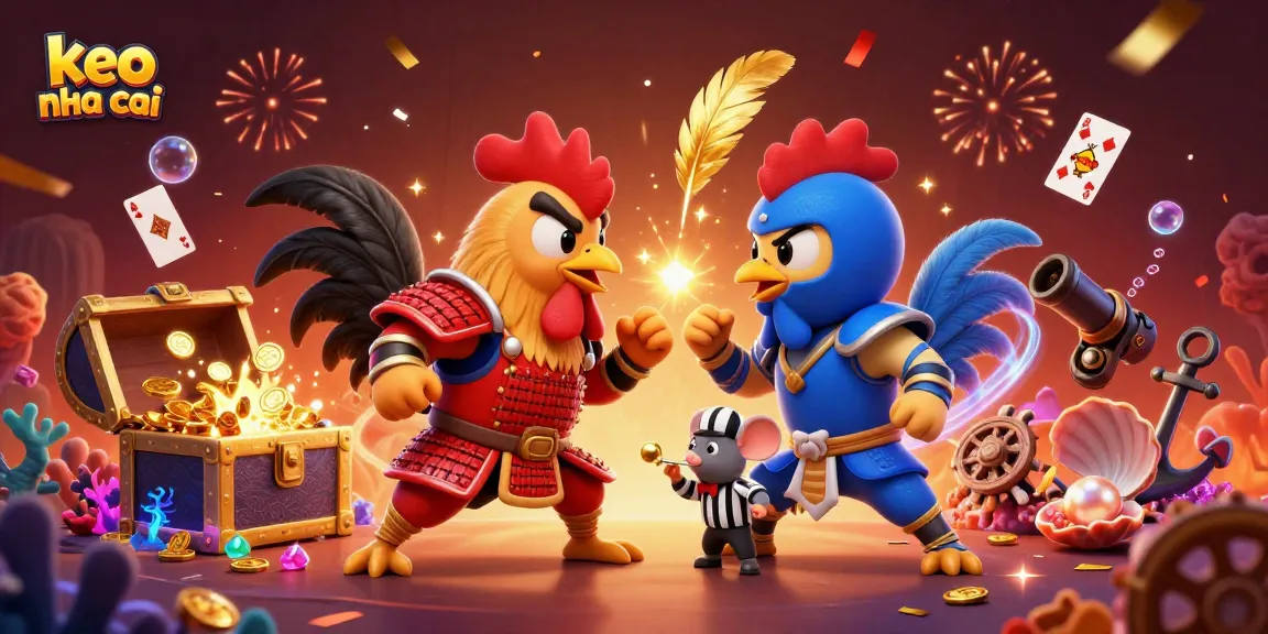 Engage in thrilling keo nha cai action with stunning cartoon roosters in a dynamic standoff