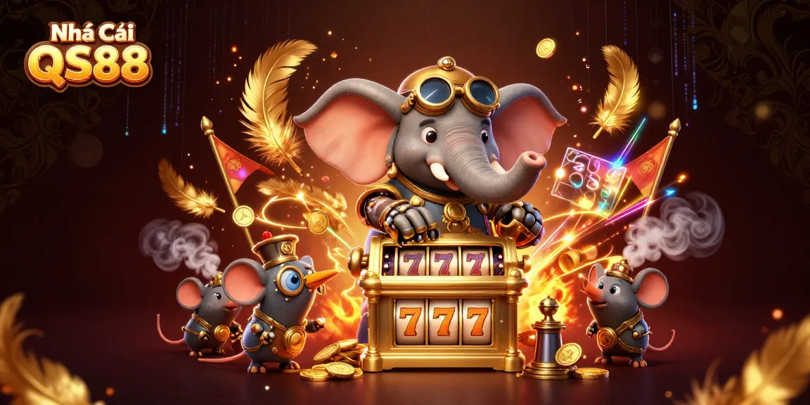 Experience exciting gameplay at Nhà Cái QS88 with a steampunk elephant engineer, golden slot machines, and vibrant casino elements.