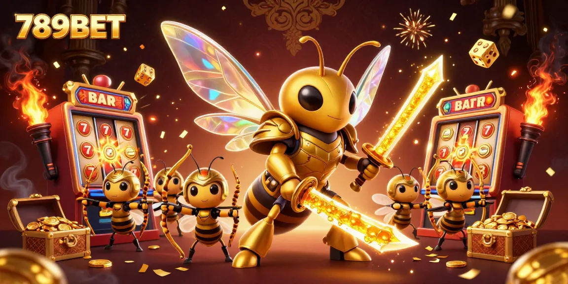 Engage with the vibrant 789BET casino universe featuring a golden hornet samurai and thrilling slot machines.