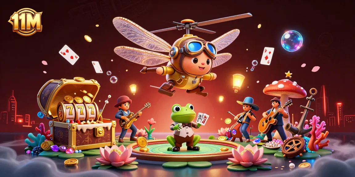 Experience the excitement of 11M as a dragonfly casino pilot hovers over a vibrant lily pad casino.