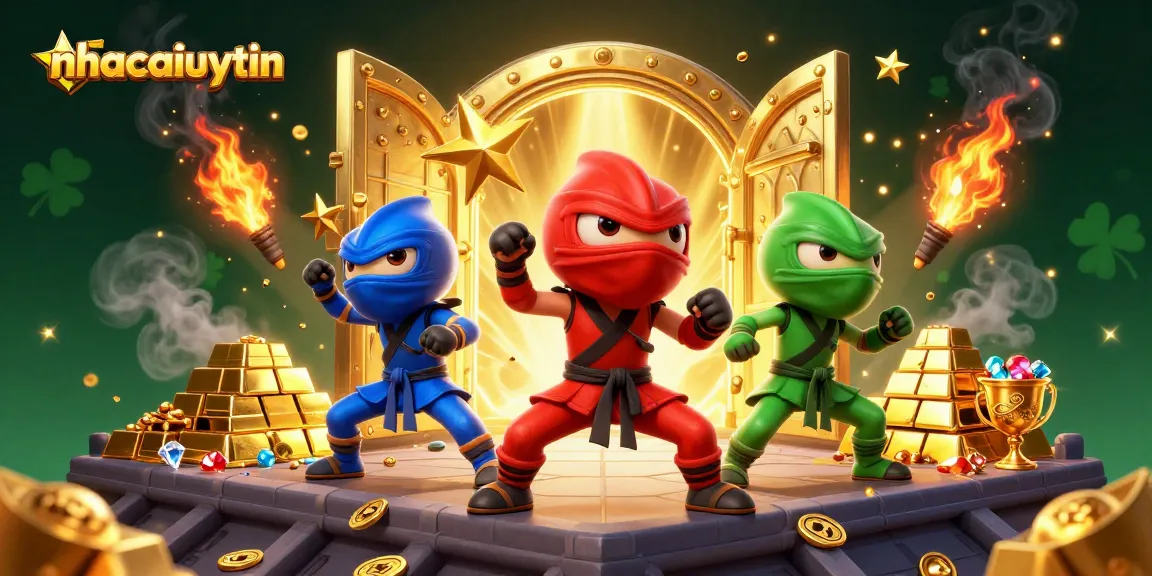 Experience thrilling gaming with nhacaiuytin's vibrant chameleon ninjas amidst a treasure-filled casino.