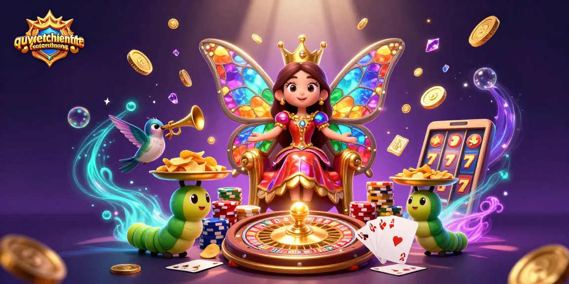 Experience the excitement of quyetchientienthuong with vibrant visuals of a butterfly queen amidst casino elements.