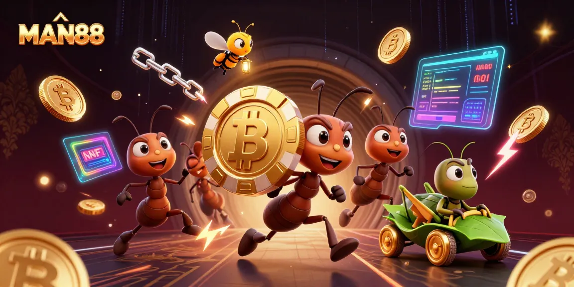 Experience thrilling gaming at MAN88 with a vibrant heist scene involving cartoon ants and glowing cryptocurrency.