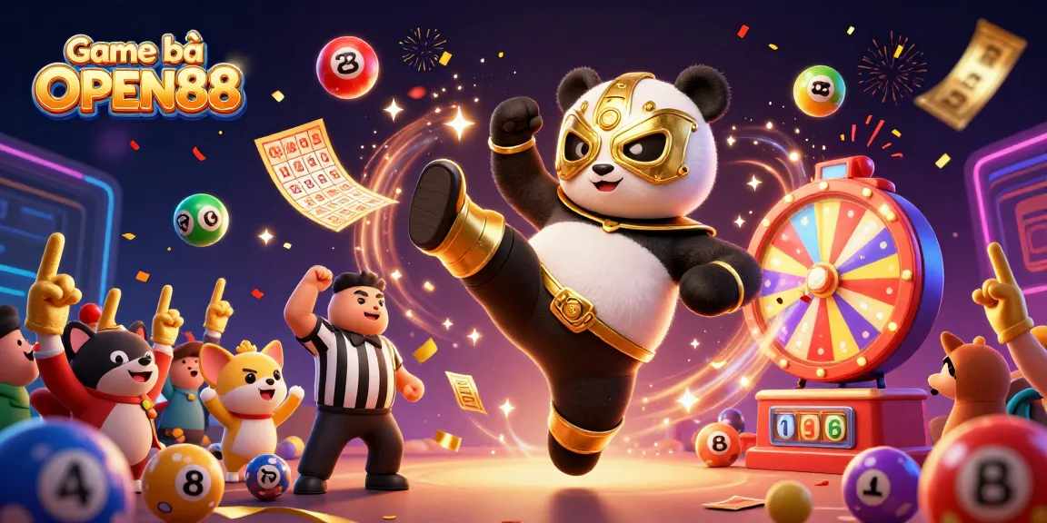 Engaging scene of Game bài OPEN88 featuring a wrestler panda kicking, with colorful lottery elements and festive atmosphere.