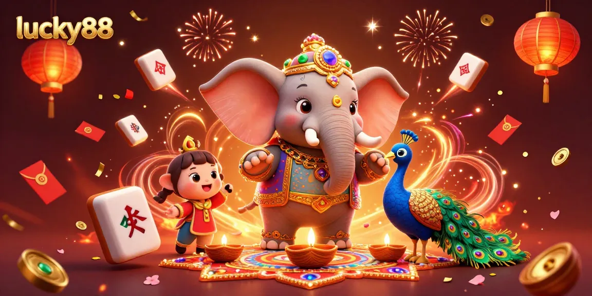 Experience the thrill of lucky88 with vibrant Diwali-themed casino art featuring an elephant and peacock.