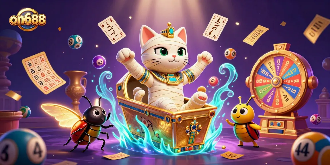 Experience the thrilling on688 casino with a vibrant Egyptian-themed illustration featuring 3D characters and game elements.