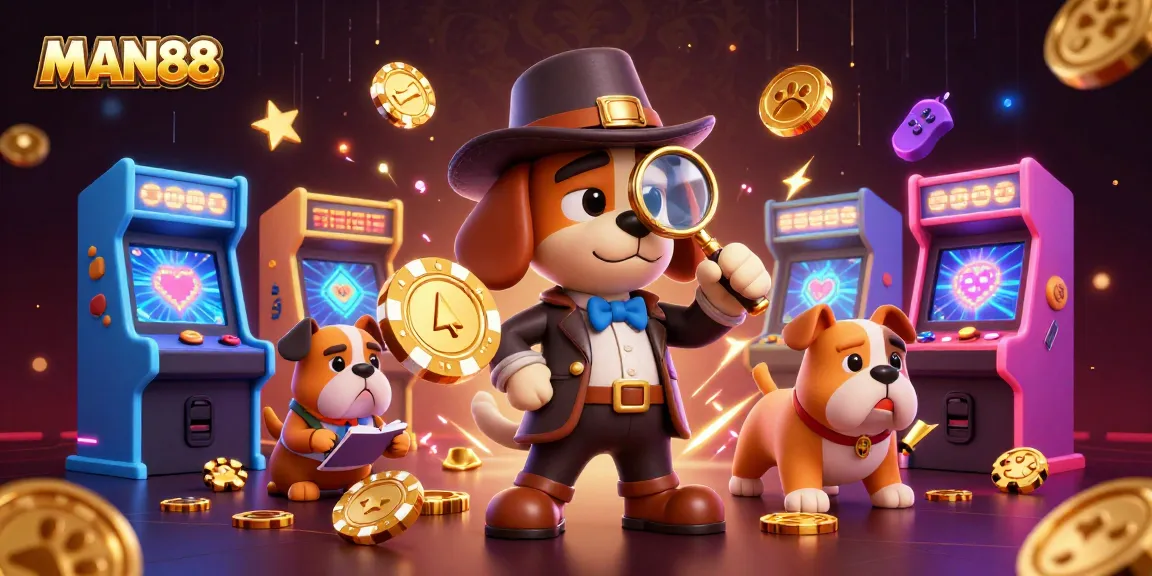 Capture the excitement of MAN88 as a cartoon detective investigates poker chip clues amid vibrant gaming elements.
