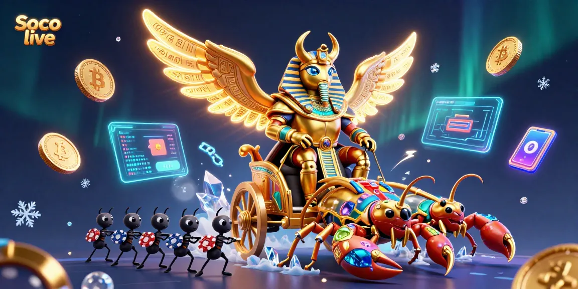 Engage with Soco live's dynamic gaming experience featuring golden scarab and crypto visuals.