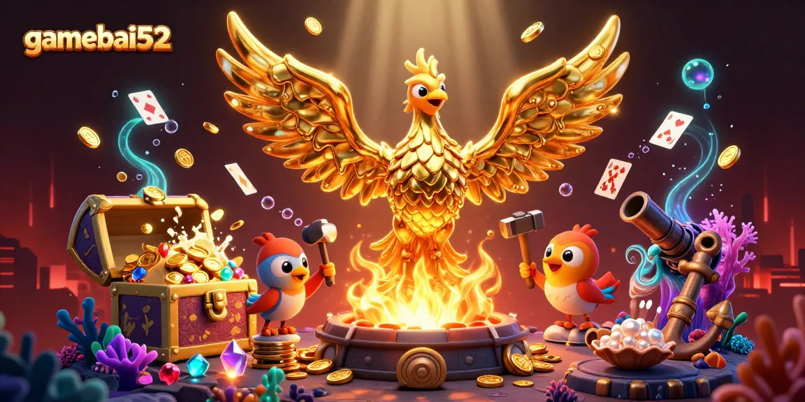Experience thrilling games with gamebai52 and a vibrant golden phoenix amidst treasure!