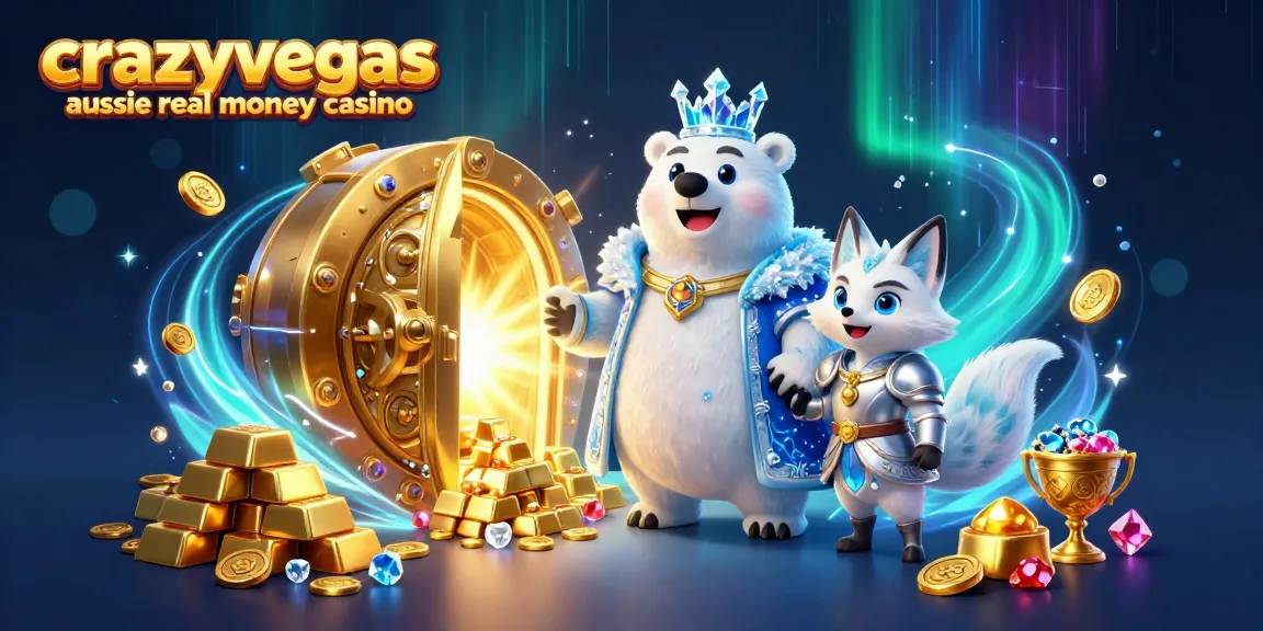 The 3D scene with a cartoon ice king polar bear and snow fox promotes crazyvegas aussie real money casino with treasure vaults.