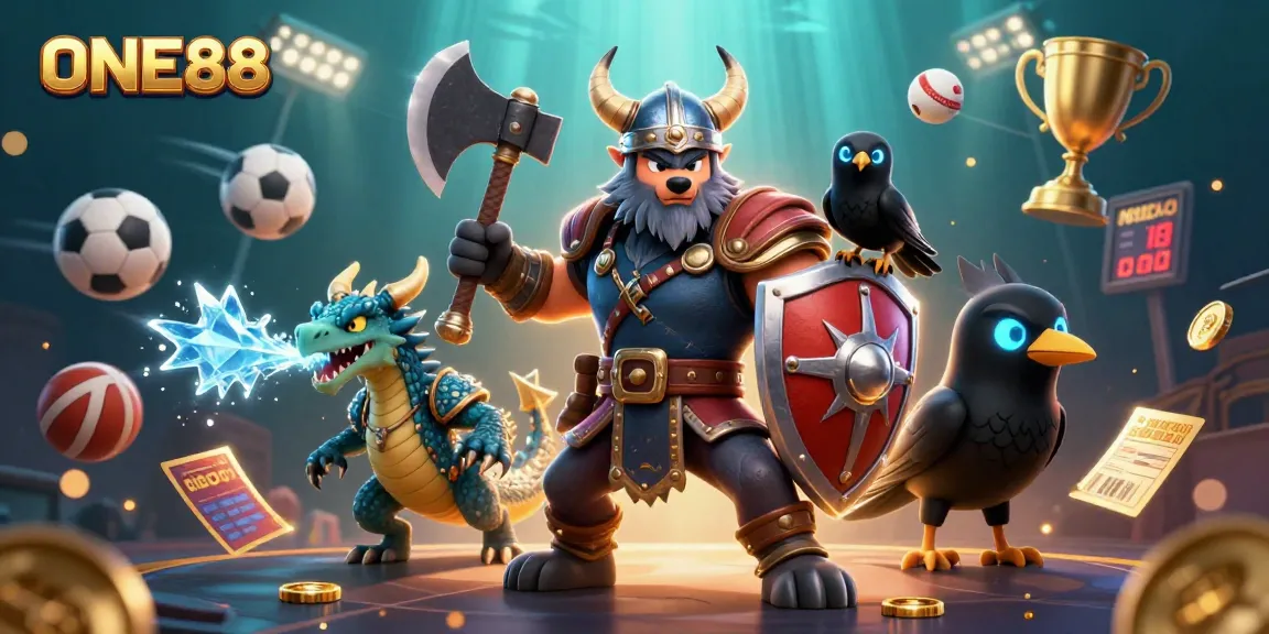 Bet on ONE88 with vibrant energetic scene featuring characters and dynamic sports elements.