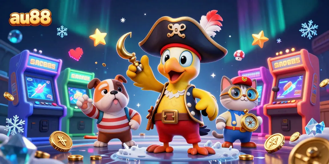 Win big at au88 with a vibrant, colorful gaming scene featuring a pirate crew and dynamic arcade elements.