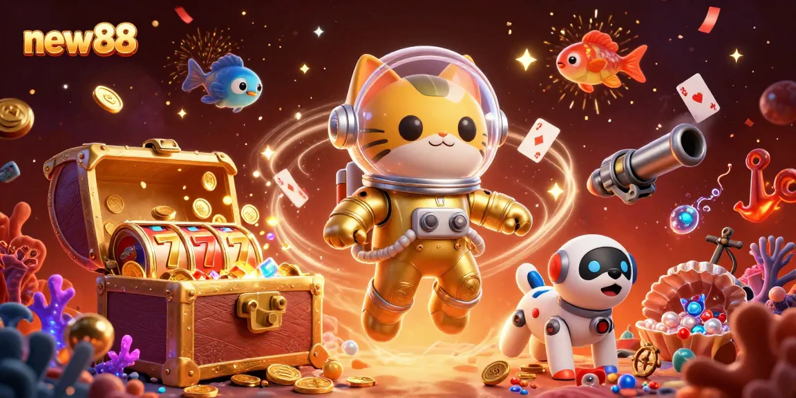 Experience the excitement of new88 in this vibrant casino-themed 3D illustration with unique characters.