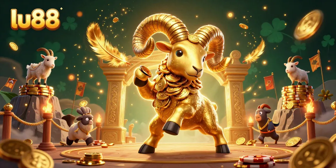 Experience excitement with lu88 as a golden ram charges into action, surrounded by dynamic casino elements.
