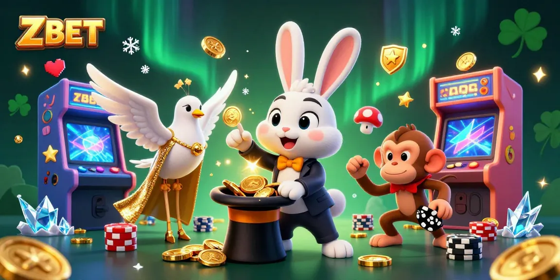 ZBET offers thrilling gameplay with cartoon characters winning coins amidst a colorful casino scene.