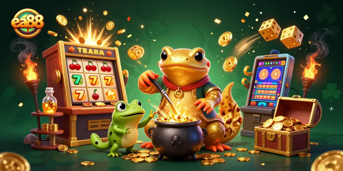 Experience exhilarating gameplay with ea88 as golden coins burst from a dynamic slot machine, blending fantasy and casino excitement.