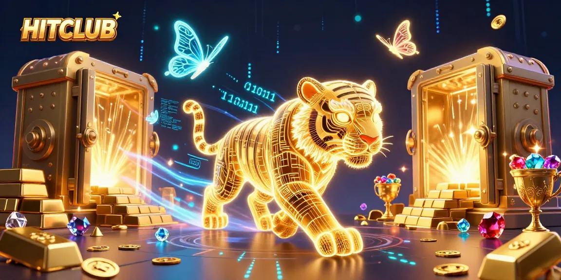 Experience the thrill of HITCLUB as the golden tiger prowls a vibrant casino landscape filled with treasures.