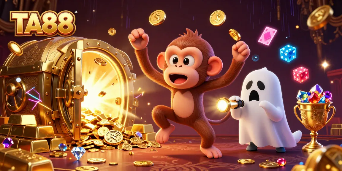 TA88 showcases a playful monkey juggling golden casino treasures in a haunted gaming scene.