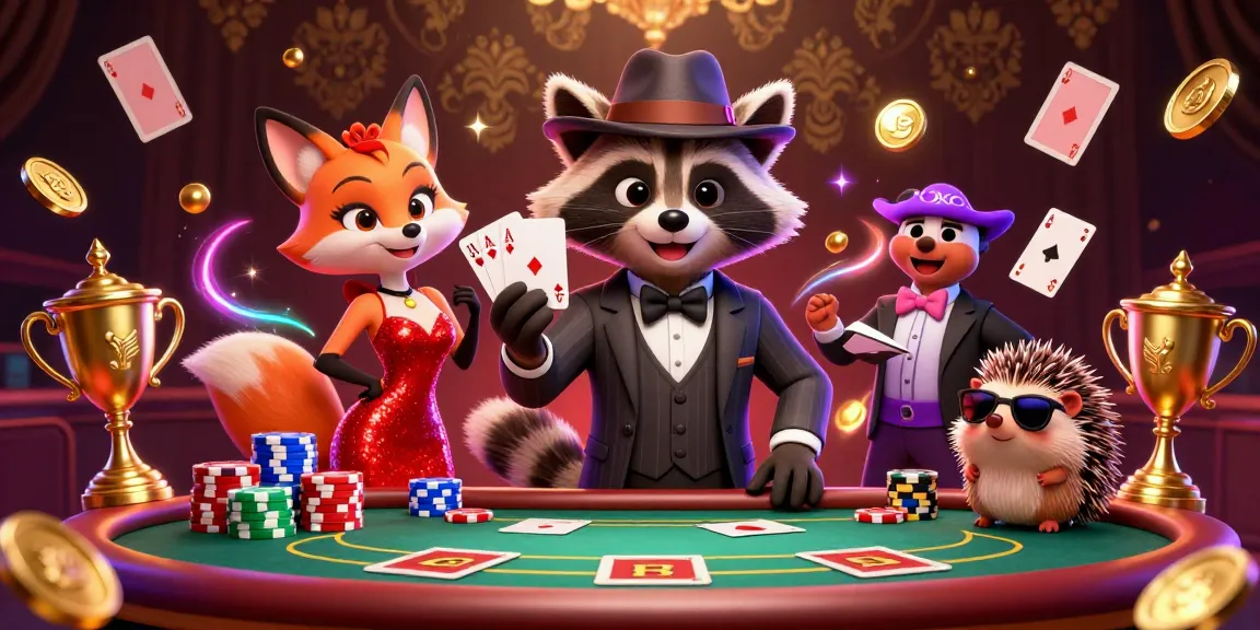 Experience the excitement of op888 with a raccoon, fox, and hedgehog in a vibrant poker scene.