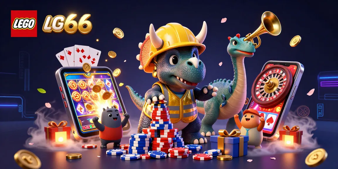 Lego66 celebrates wins in vibrant pokies scene with dynamic characters and casino elements.