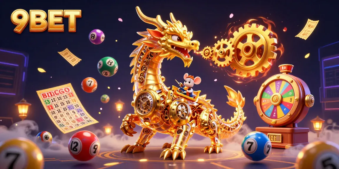 Experience 9BET's vibrant gaming world with a golden dragon, spinning elements, and dynamic lottery balls!