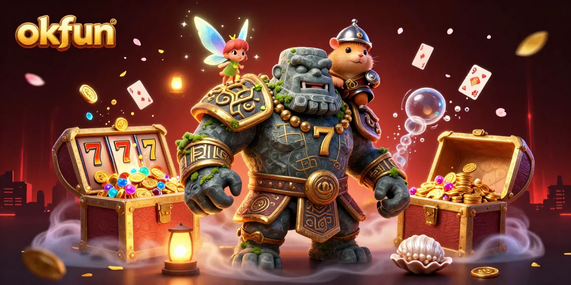 Experience thrilling fun at okfun with a dynamic casino scene featuring a golem guardian and magical elements.