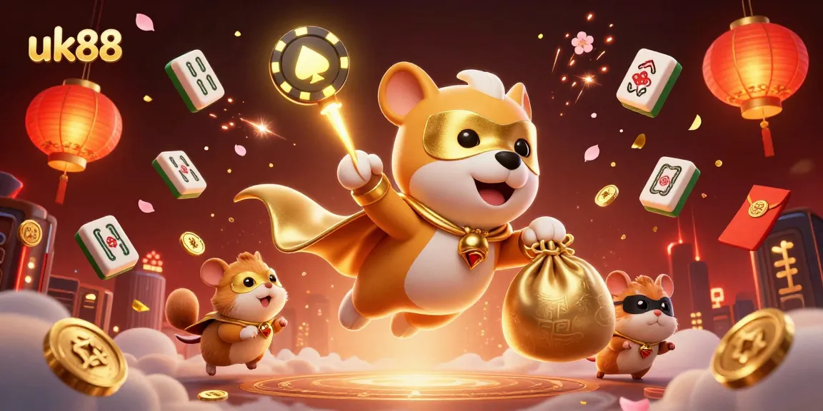 Engage with uk88's vibrant casino atmosphere as a superhero dog flies with gold coins amidst gaming grandeur.