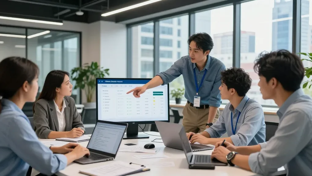 Team collaborating in a fintech office discussing online payment gateway solutions and analytics.