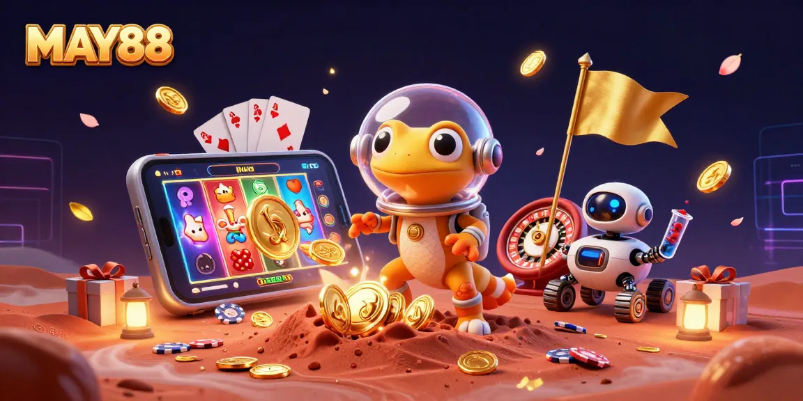 MAY88 showcases a Martian gecko discovering a golden casino, highlighting exciting gaming elements.