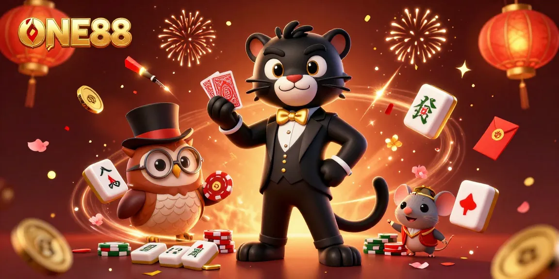 Experience thrilling gaming at ONE88 with a stylish black panther dealer and vibrant casino elements.