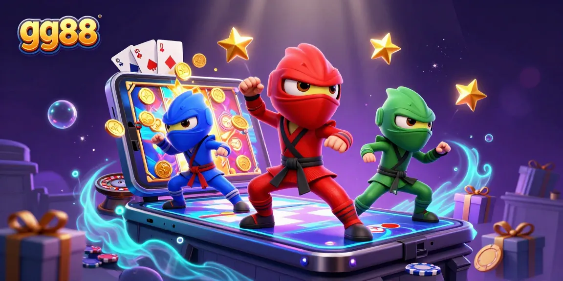 gg88 captures the excitement of slot gaming with ninja chameleons and vibrant casino elements.