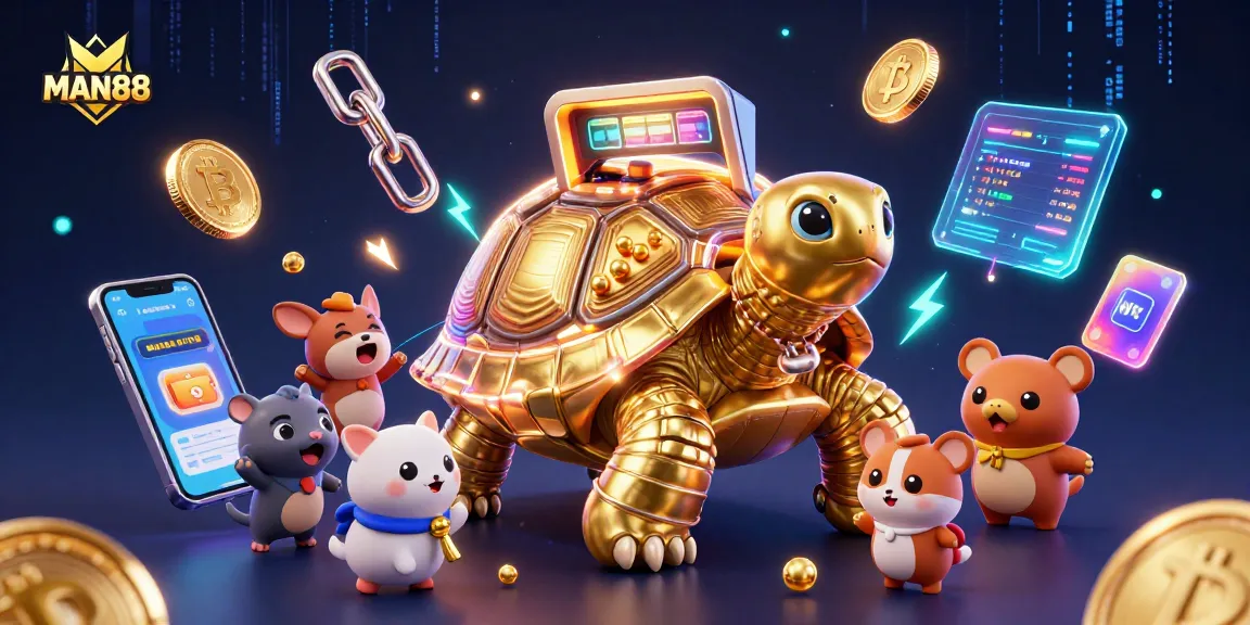 Experience thrilling gameplay at MAN88 with a vibrant casino scene featuring a colossal tortoise pinball machine.