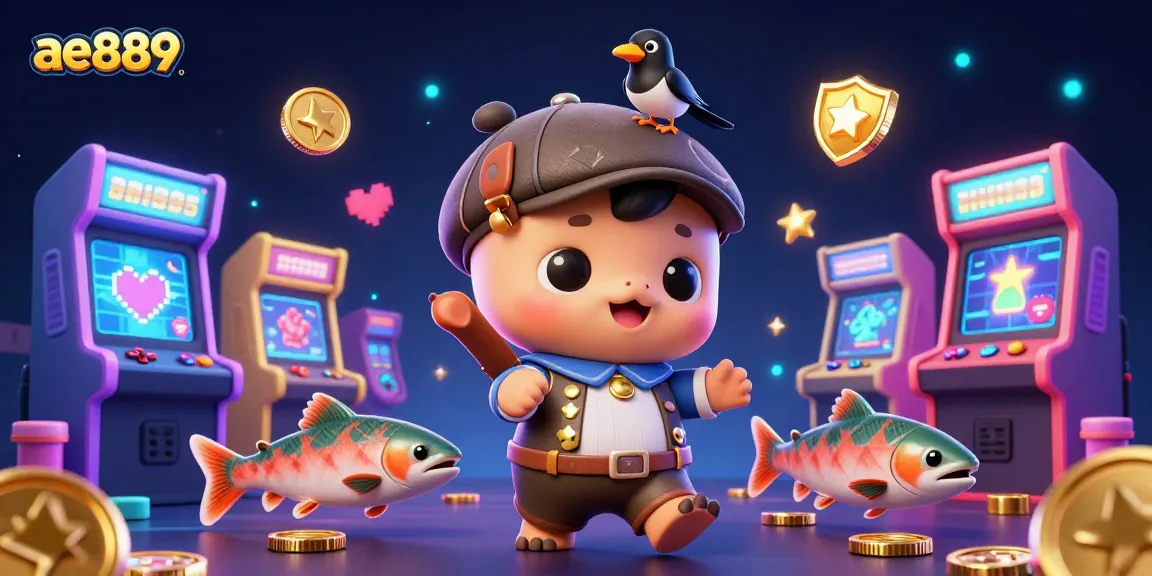 Play exciting games at ae889 while enjoying a vibrant 3D illustration with casino-themed characters.