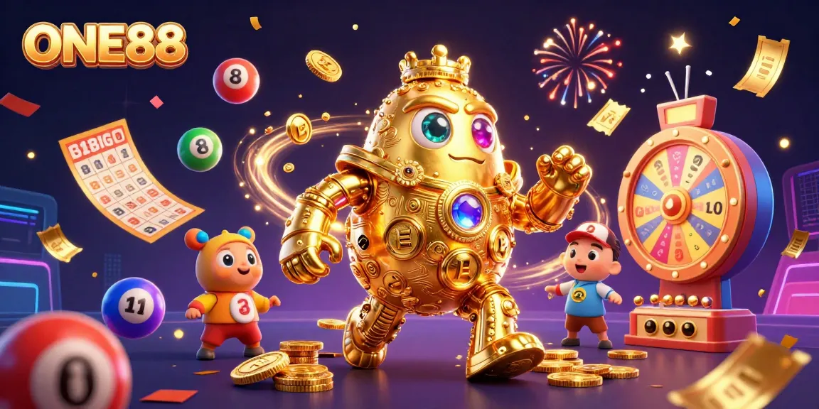 Experience the thrill of ONE88 with vibrant gaming elements and a 3D golden golem mascot.