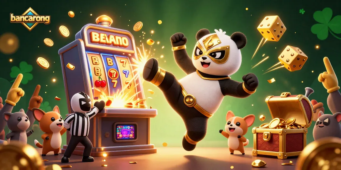 bancarong brings excitement with a wrestler panda performing at a vibrant casino scene, highlighting jackpots and games.