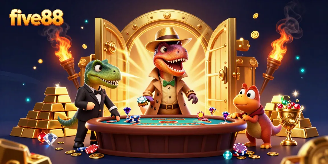 Watch the five88 velociraptor strategize at blackjack as riches overflow in a vibrant casino scene.