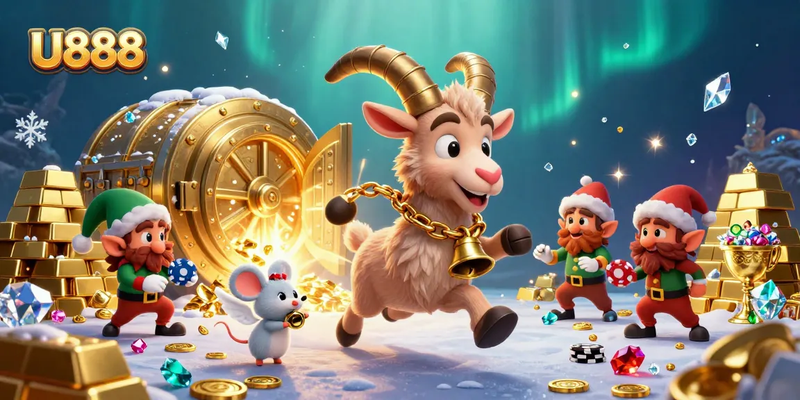 Experience U888's festive gambling scene with a Krampus goat and characters engaging in playful chaos.