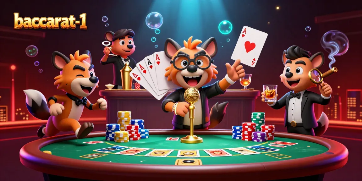 Baccarat-1 hyena comedy casino scene with a stand-up comedian, bartender, and bouncer.