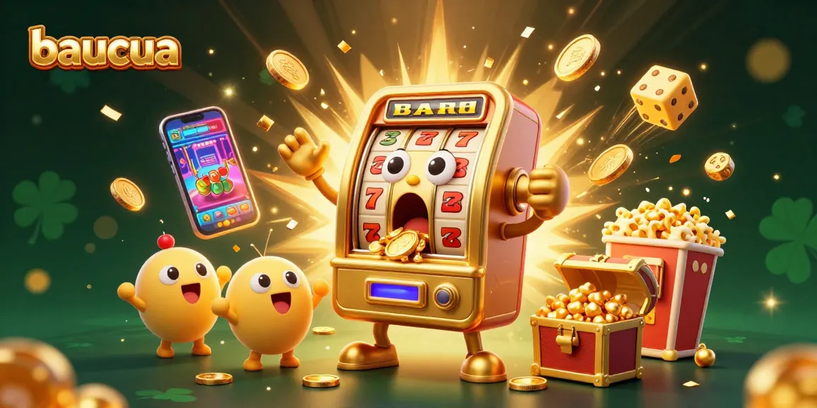 Baucua slot machine hitting a jackpot, surrounded by cheering characters and dynamic casino elements