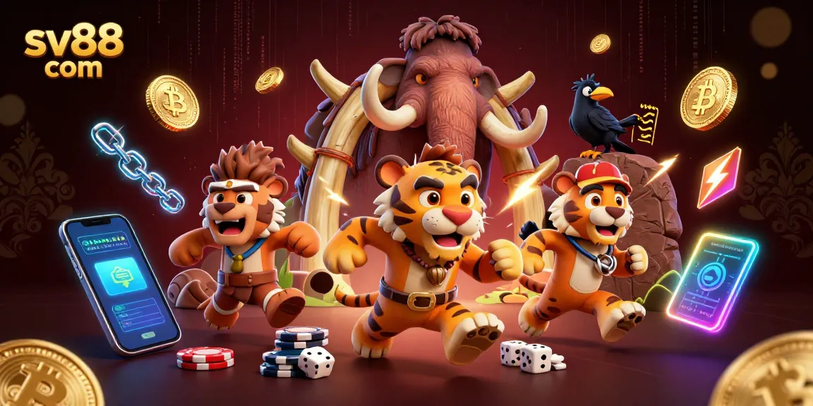 Bet and win at sv88 com with cavemen in a prehistoric casino adventure featuring cryptocurrency symbols and vibrant visuals.