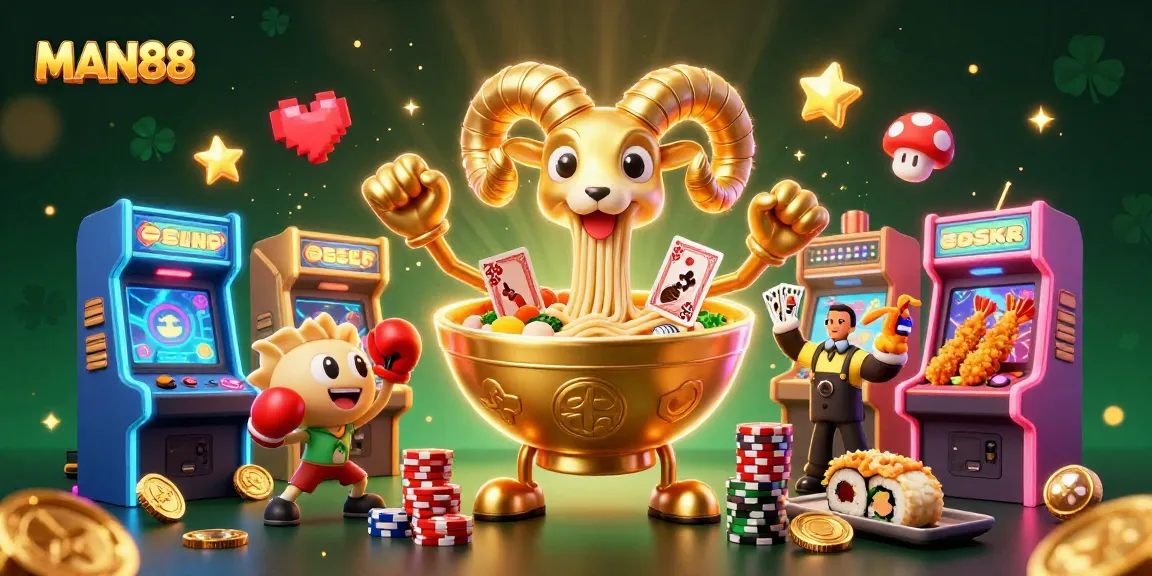 Engage with MAN88's lively casino scene featuring vibrant characters and a golden ramen bowl dealer.