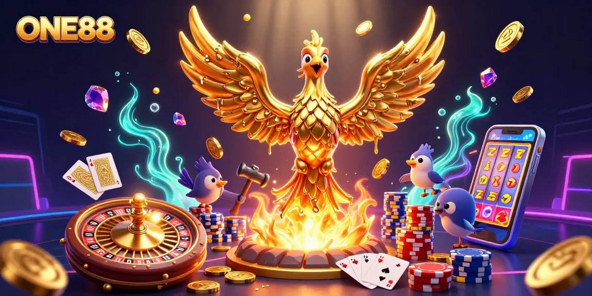 Engage in thrilling gaming action at ONE88 with a golden phoenix and casino elements