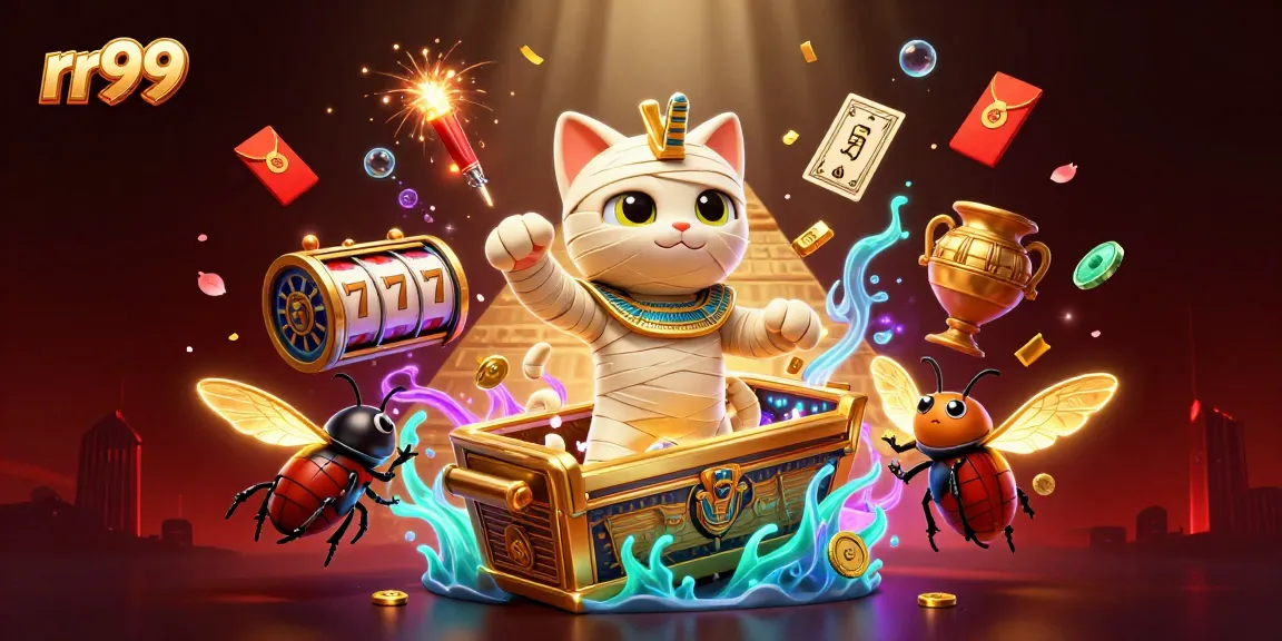 Engage with rr99, featuring a vibrant casino scene with a lively Egyptian mummy cat and glowing scarab beetle.